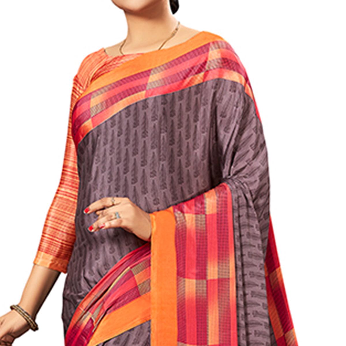 Prominent Brown Colored Casual Wear Printed Crepe Saree - Peachmode