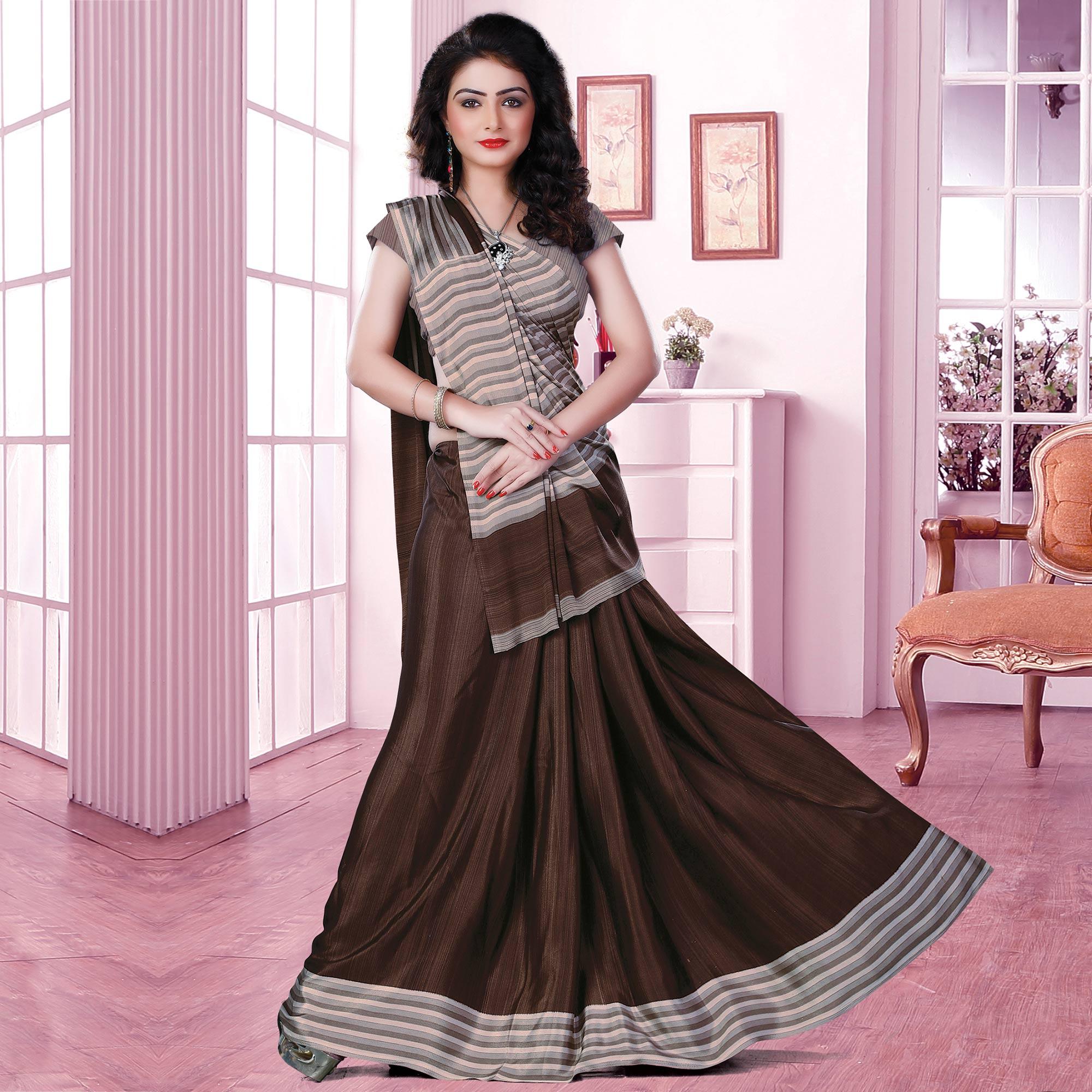 Prominent Brown Coloured Casual Wear Printed Crepe Saree - Peachmode