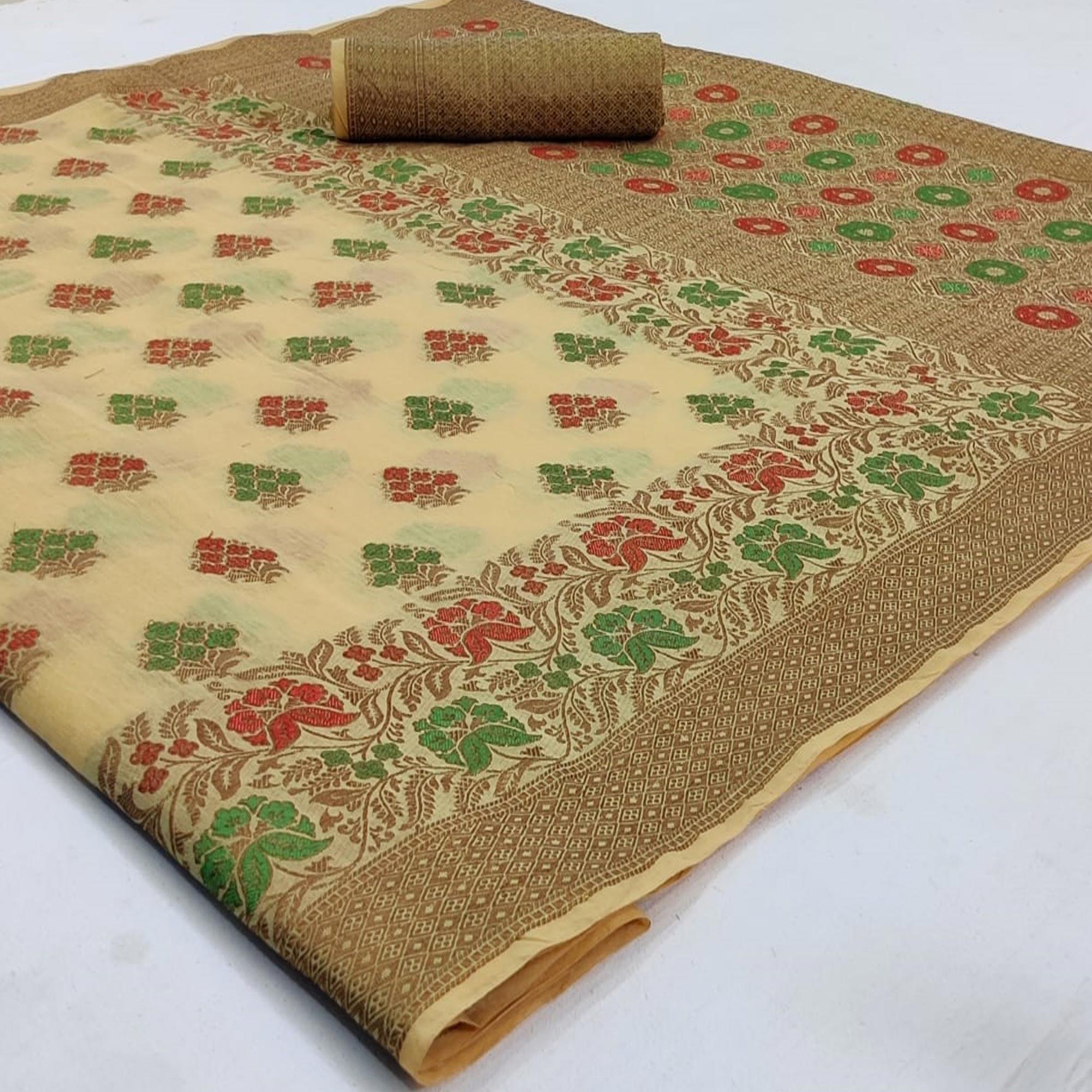 Prominent Cream Colored Festive Wear Woven Cotton Saree - Peachmode