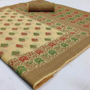 Prominent Cream Colored Festive Wear Woven Cotton Saree - Peachmode