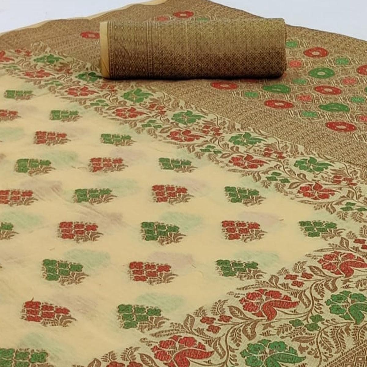 Prominent Cream Colored Festive Wear Woven Cotton Saree - Peachmode