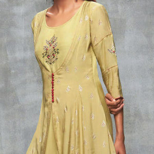 Prominent Cream Colored Partywear Embroidered Cotton Silk Kurti - Peachmode