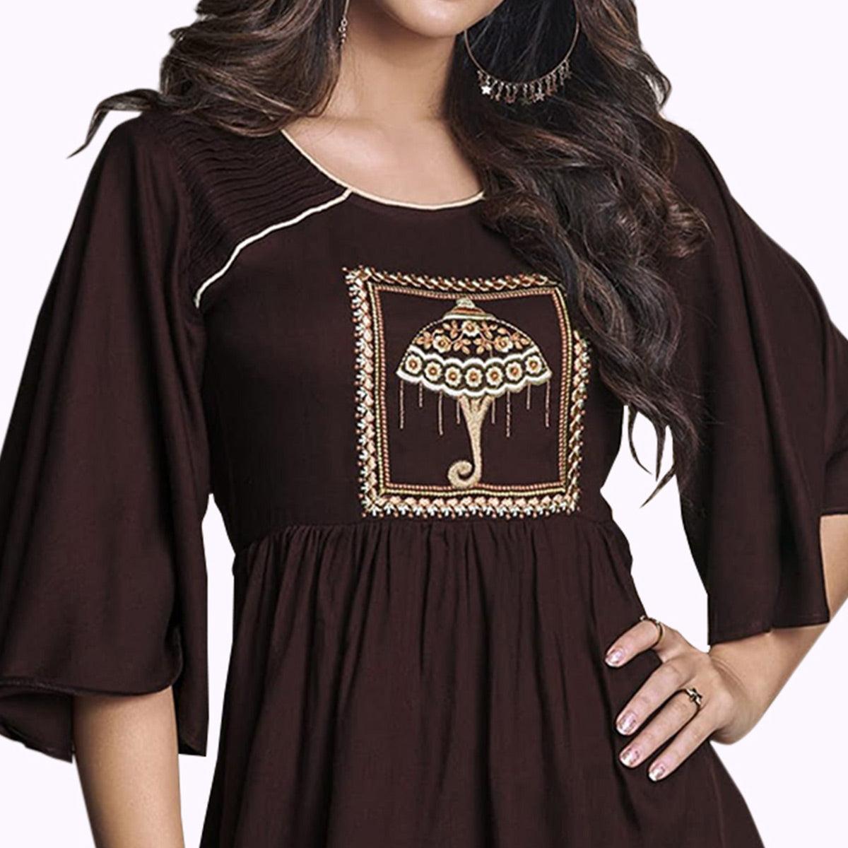 Prominent Dark Brown Colored Partywear Embroidered Rayon Western Top - Peachmode