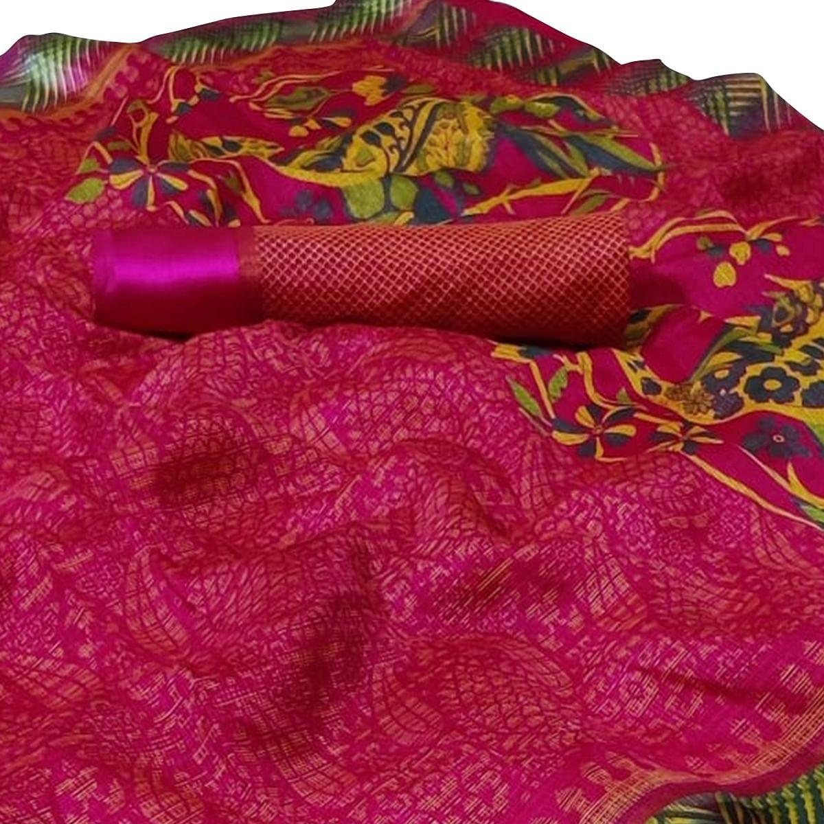 Prominent Dark Pink Colored Casual Printed Kota Doria Satin Saree - Peachmode