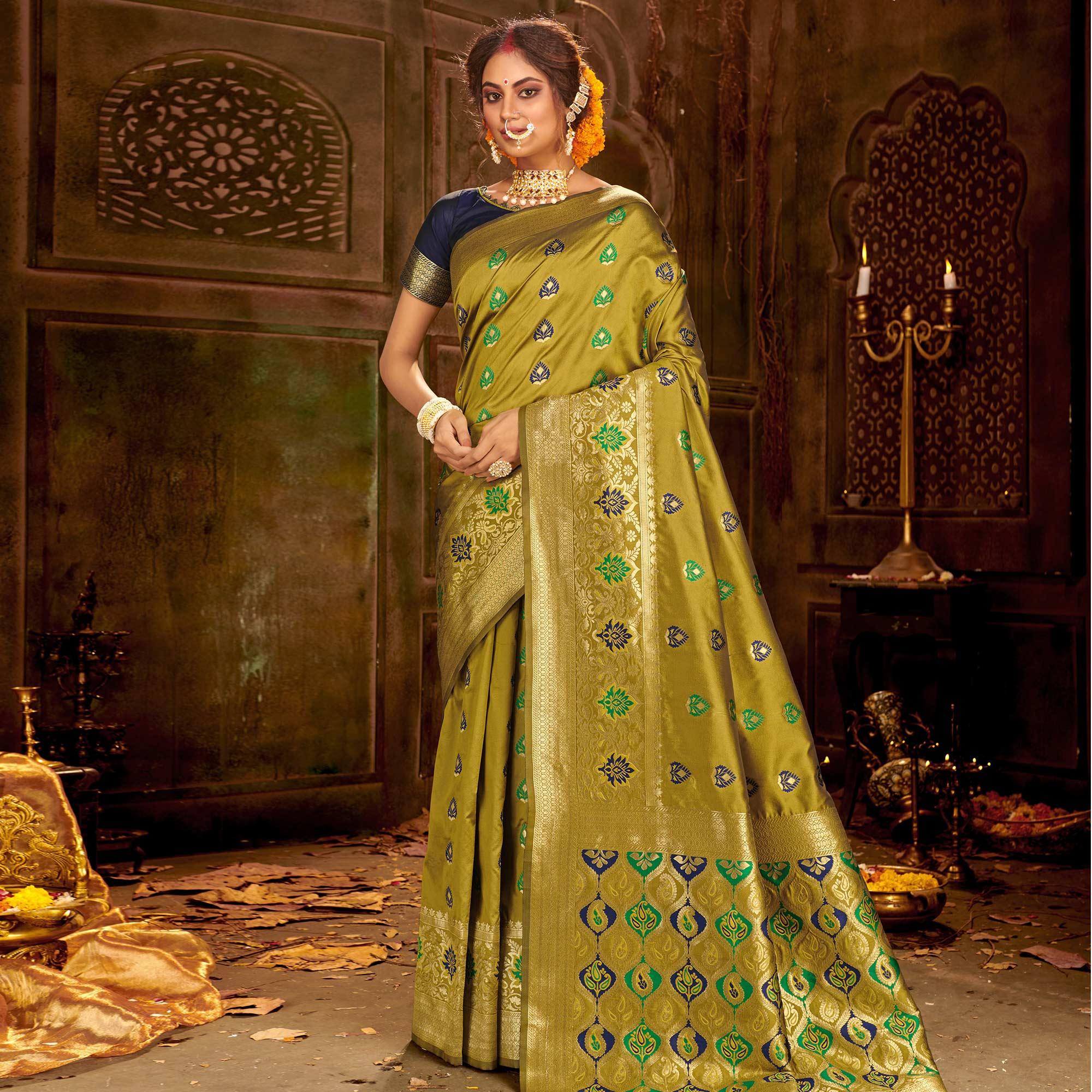 Prominent Green Colored Festive Wear Woven Banarasi Silk Saree - Peachmode