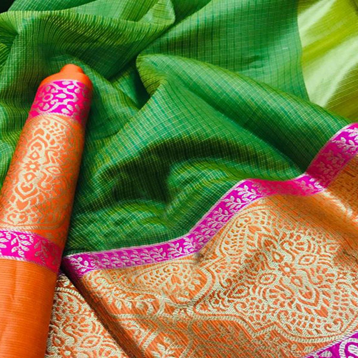 Prominent Green Colored Festive Wear Woven Silk Saree - Peachmode