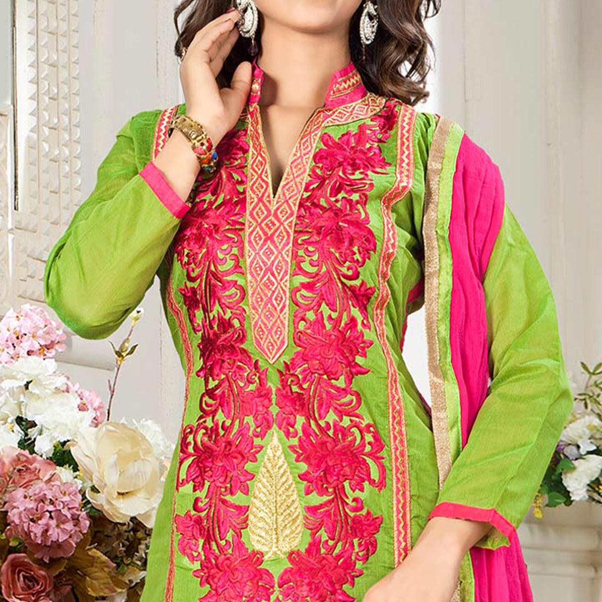 Prominent Green Colored Party Wear Embroidered Chanderi Dress Material - Peachmode