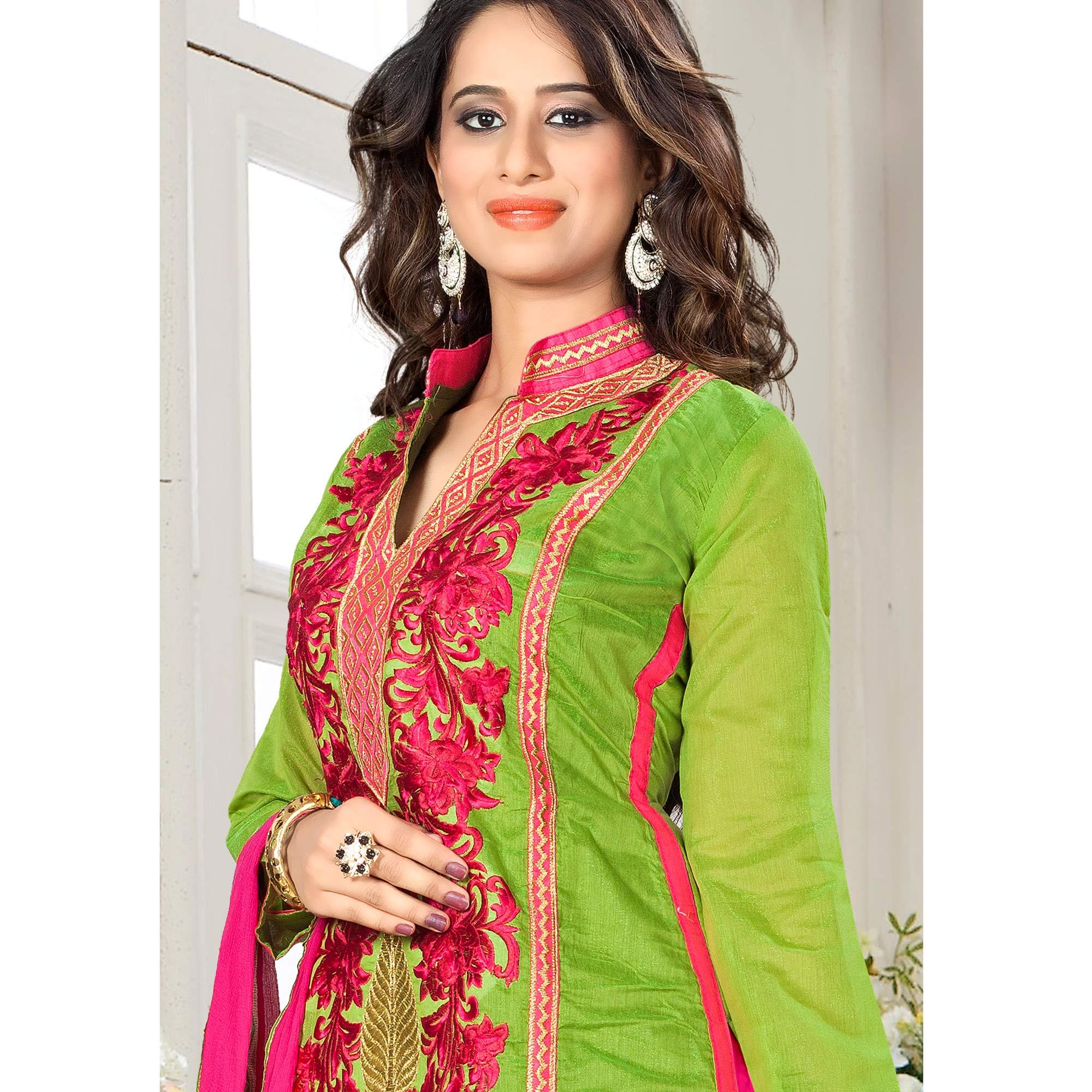 Prominent Green Colored Party Wear Embroidered Chanderi Dress Material - Peachmode