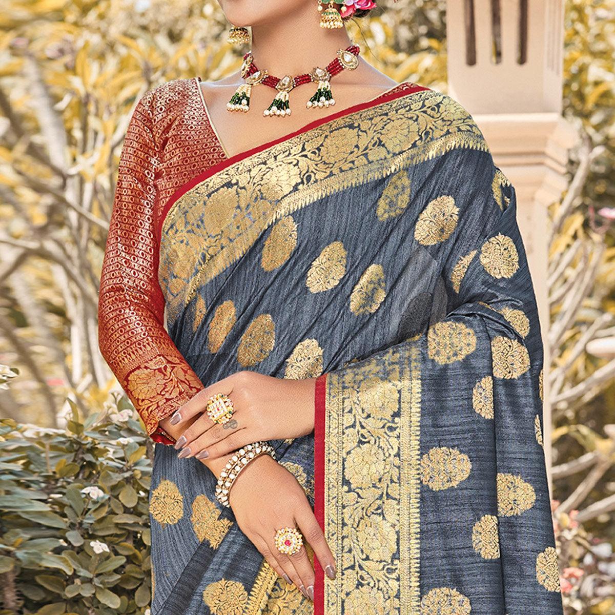 Prominent Grey Colored Festive Wear Woven Silk Saree - Peachmode