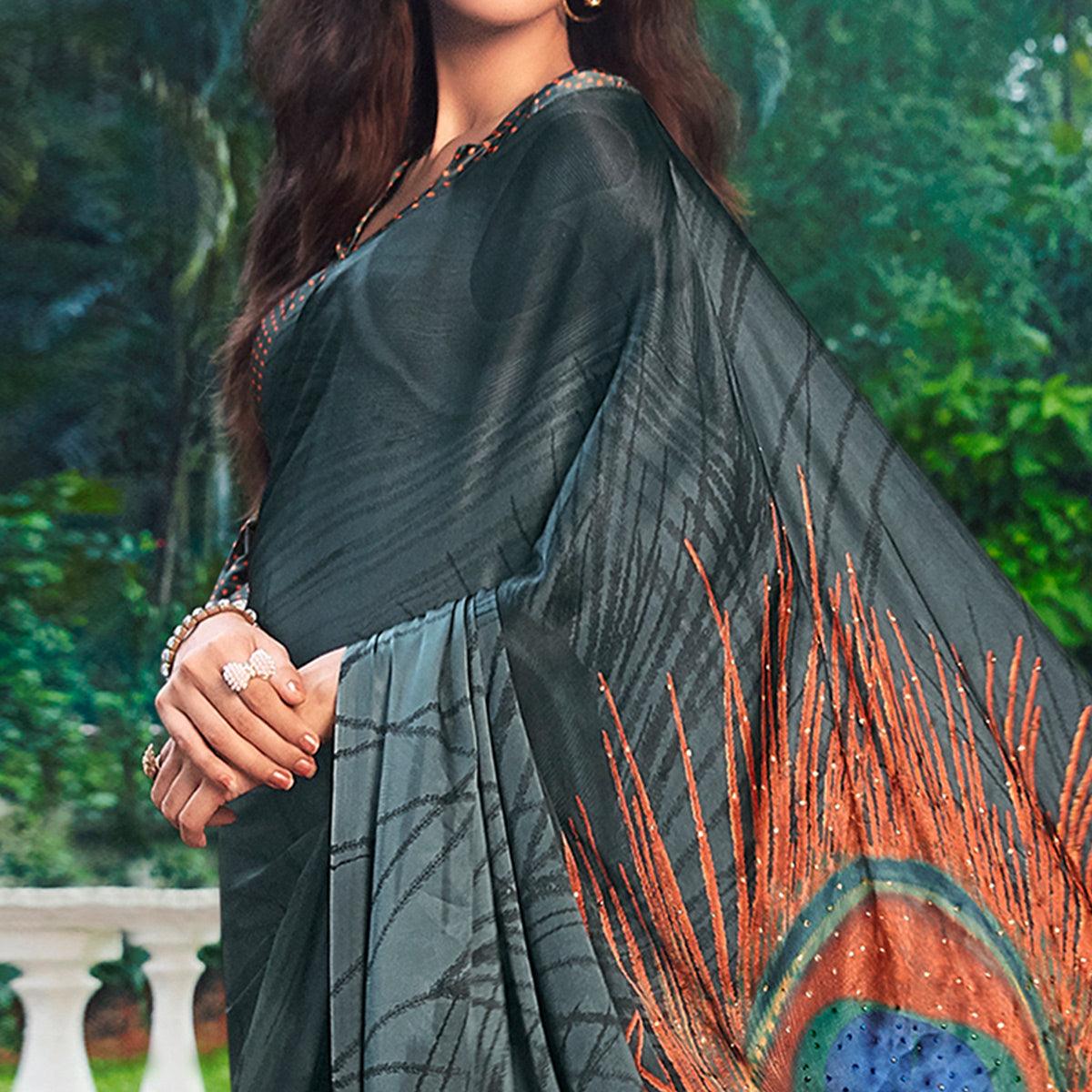Prominent Grey Colored Party Wear Printed Silk Saree - Peachmode