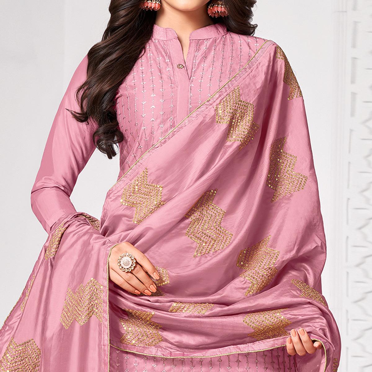 Prominent Light Pink Colored Partywear Embroidered Cotton Dress Material - Peachmode