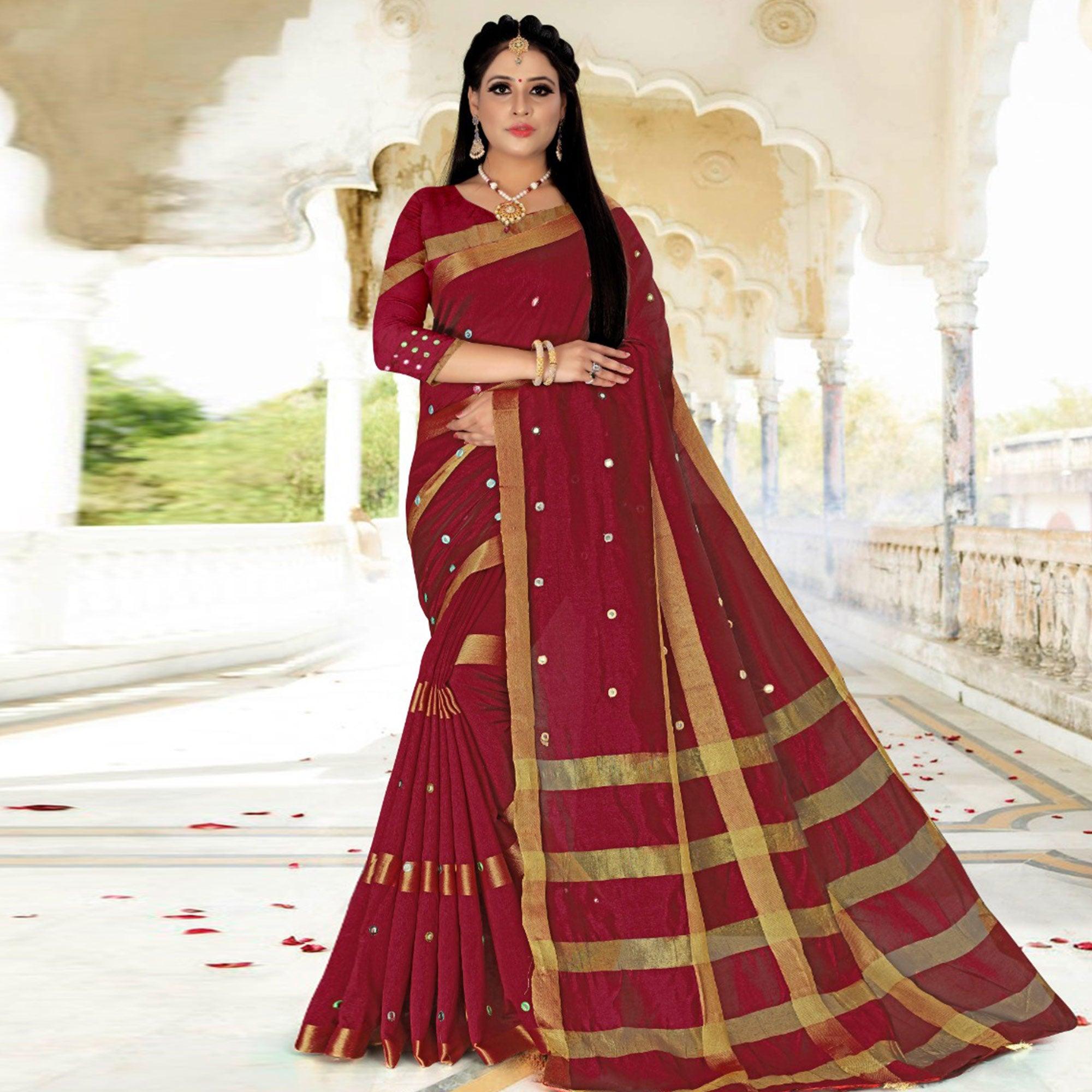 Prominent Maroon Colored Festive Wear Woven Cotton Silk Saree - Peachmode