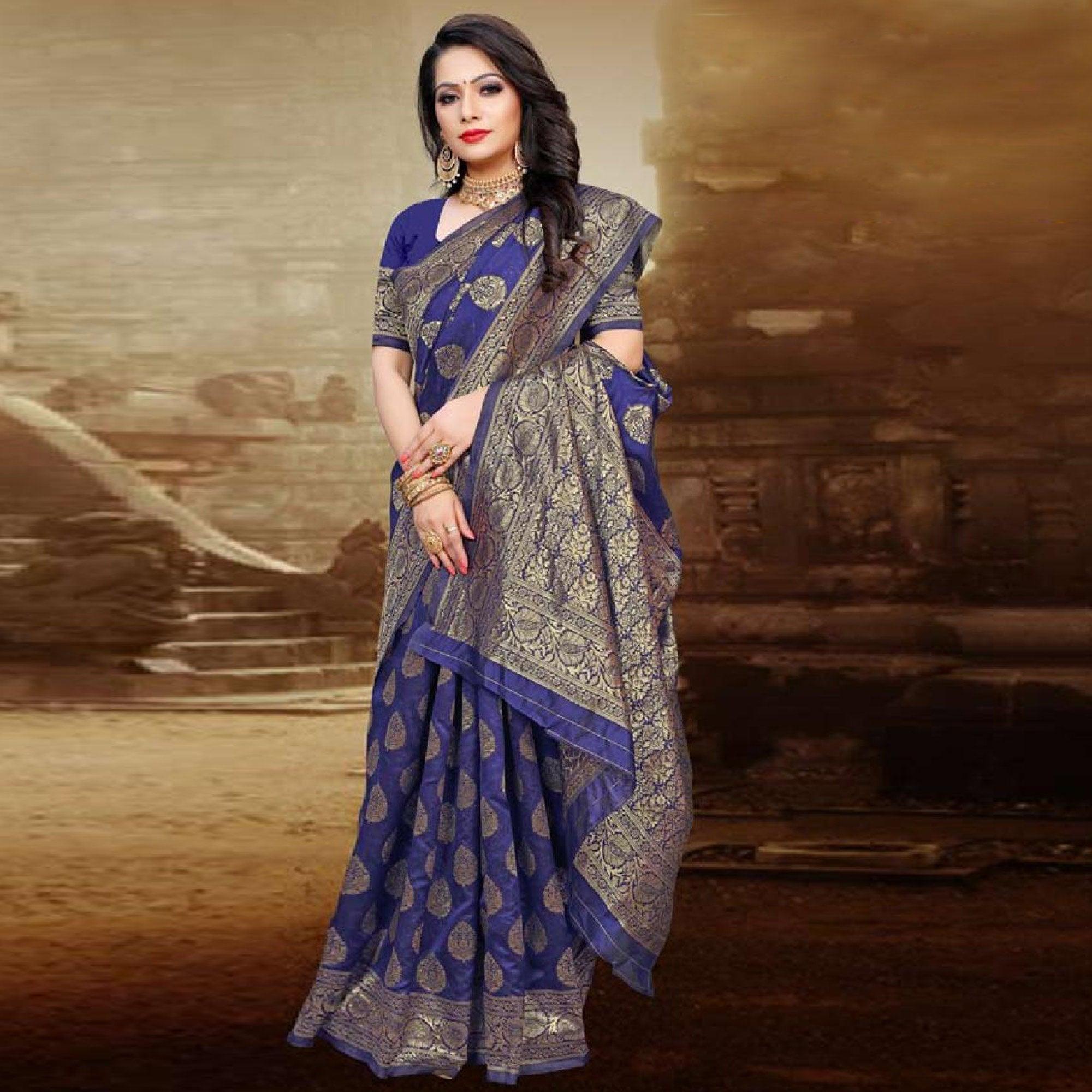 Prominent Navy Blue Colored Festive Wear Woven Art Silk Saree - Peachmode