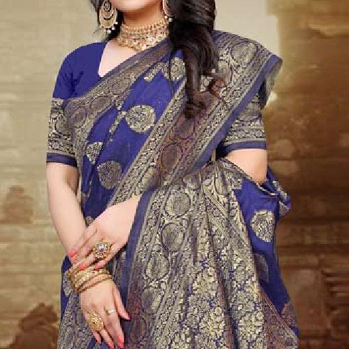 Prominent Navy Blue Colored Festive Wear Woven Art Silk Saree - Peachmode