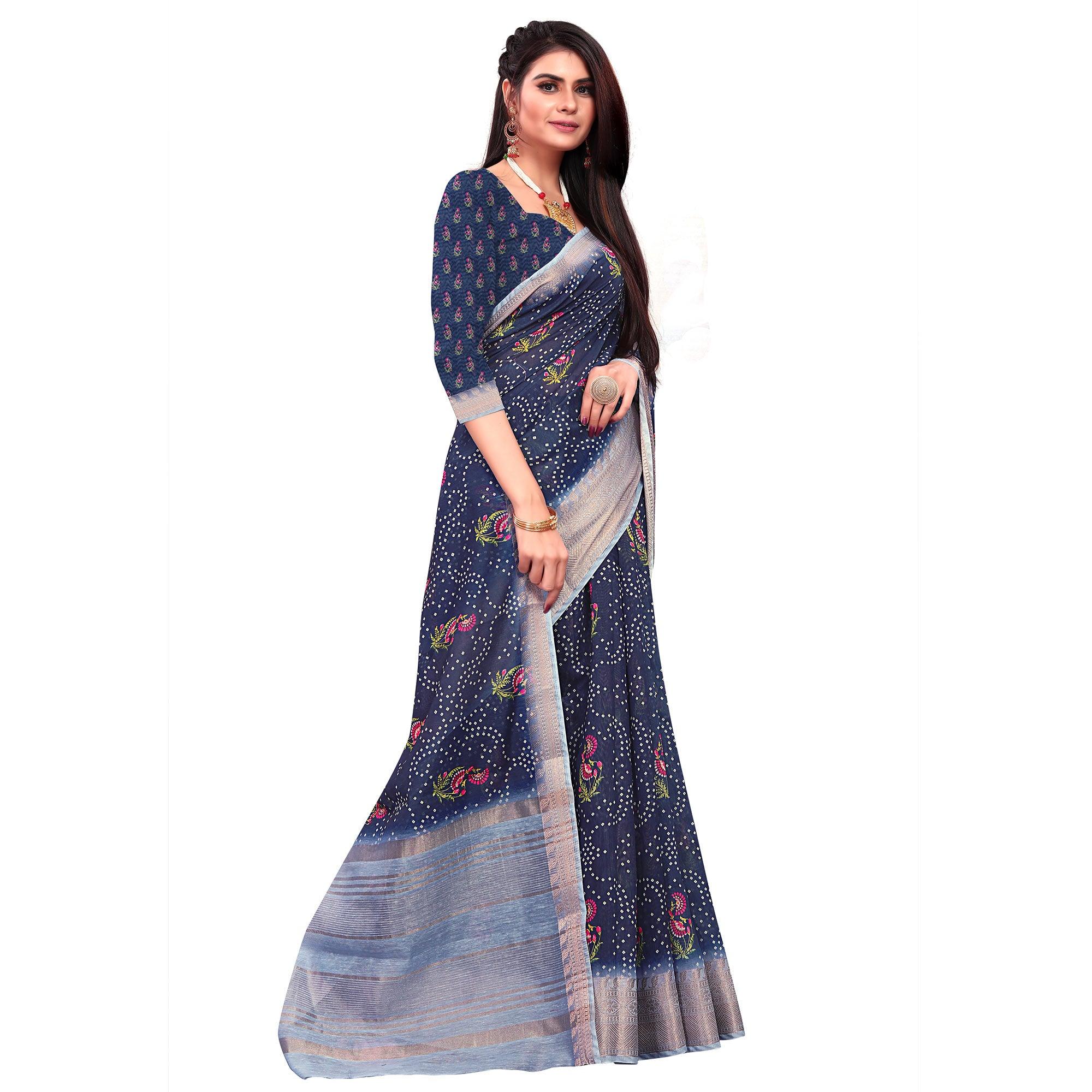 Prominent Navy Blue Colored Festive Wear Woven Banarasi Silk Saree - Peachmode