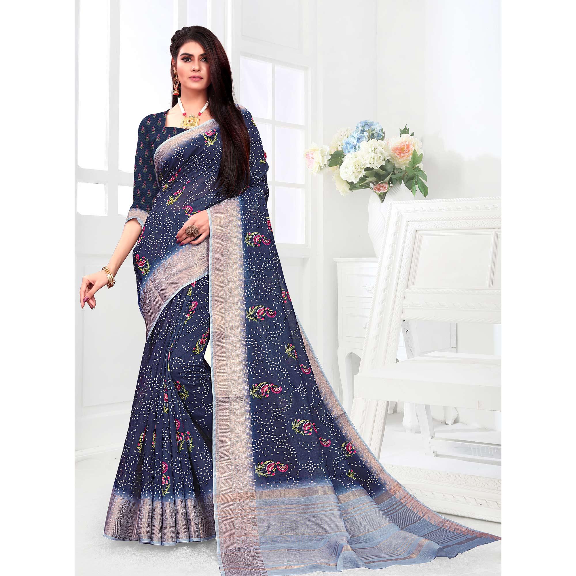 Prominent Navy Blue Colored Festive Wear Woven Banarasi Silk Saree - Peachmode