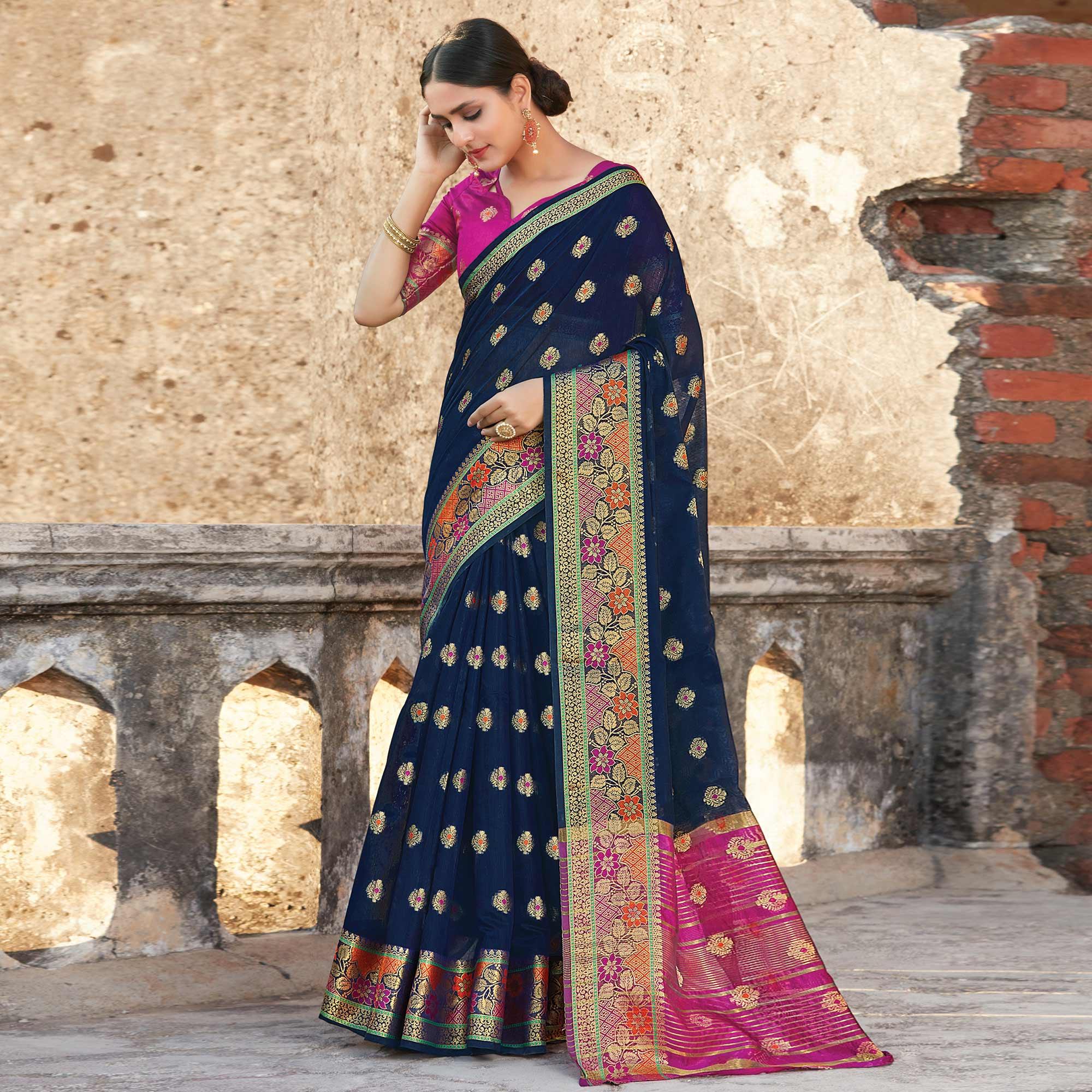 Prominent Navy Blue Colored Festive Wear Woven Cotton Handloom Saree - Peachmode