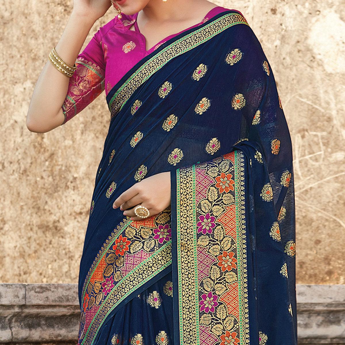 Prominent Navy Blue Colored Festive Wear Woven Cotton Handloom Saree - Peachmode