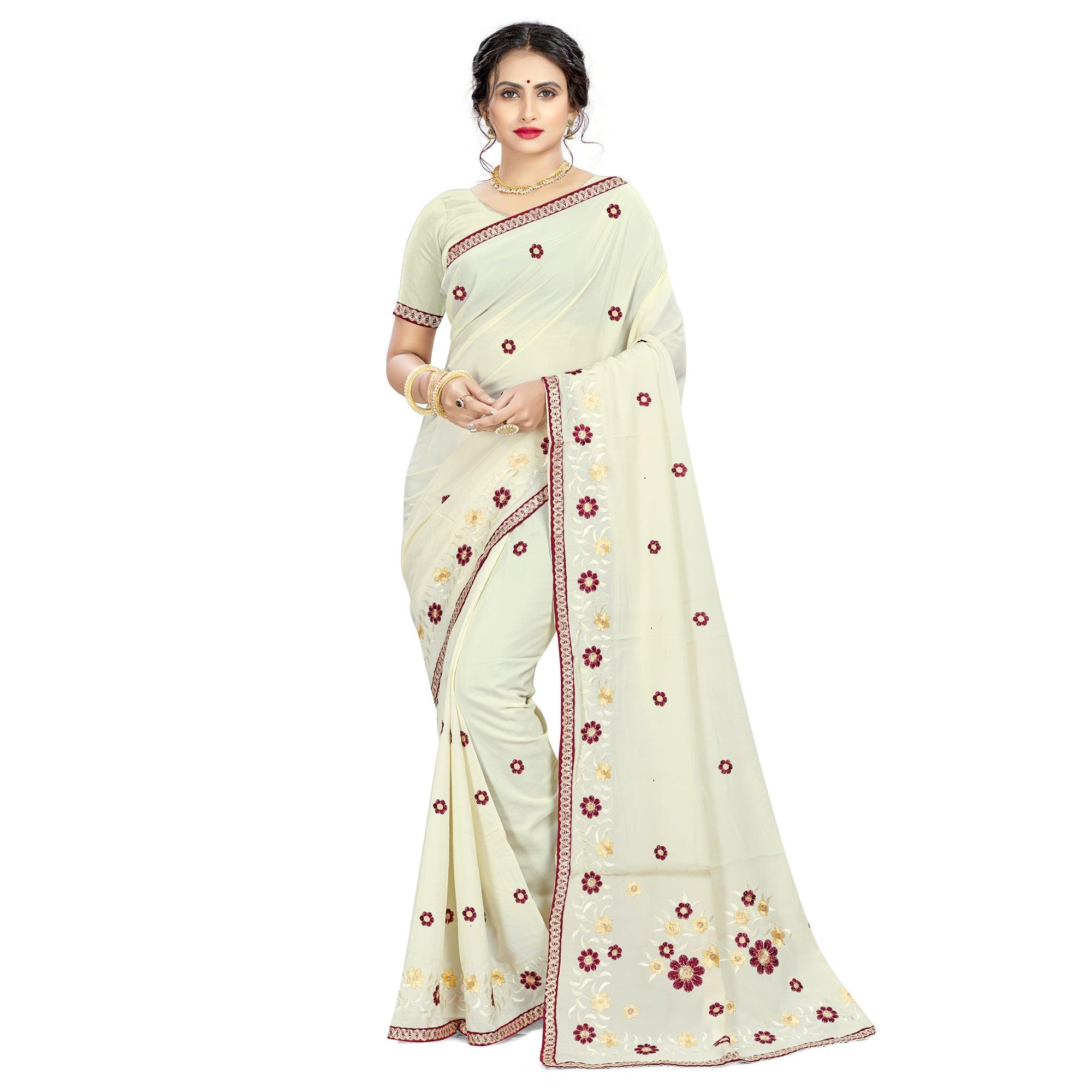 Prominent Offwhite Colored Casual Wear Embroidered Crepe Saree - Peachmode