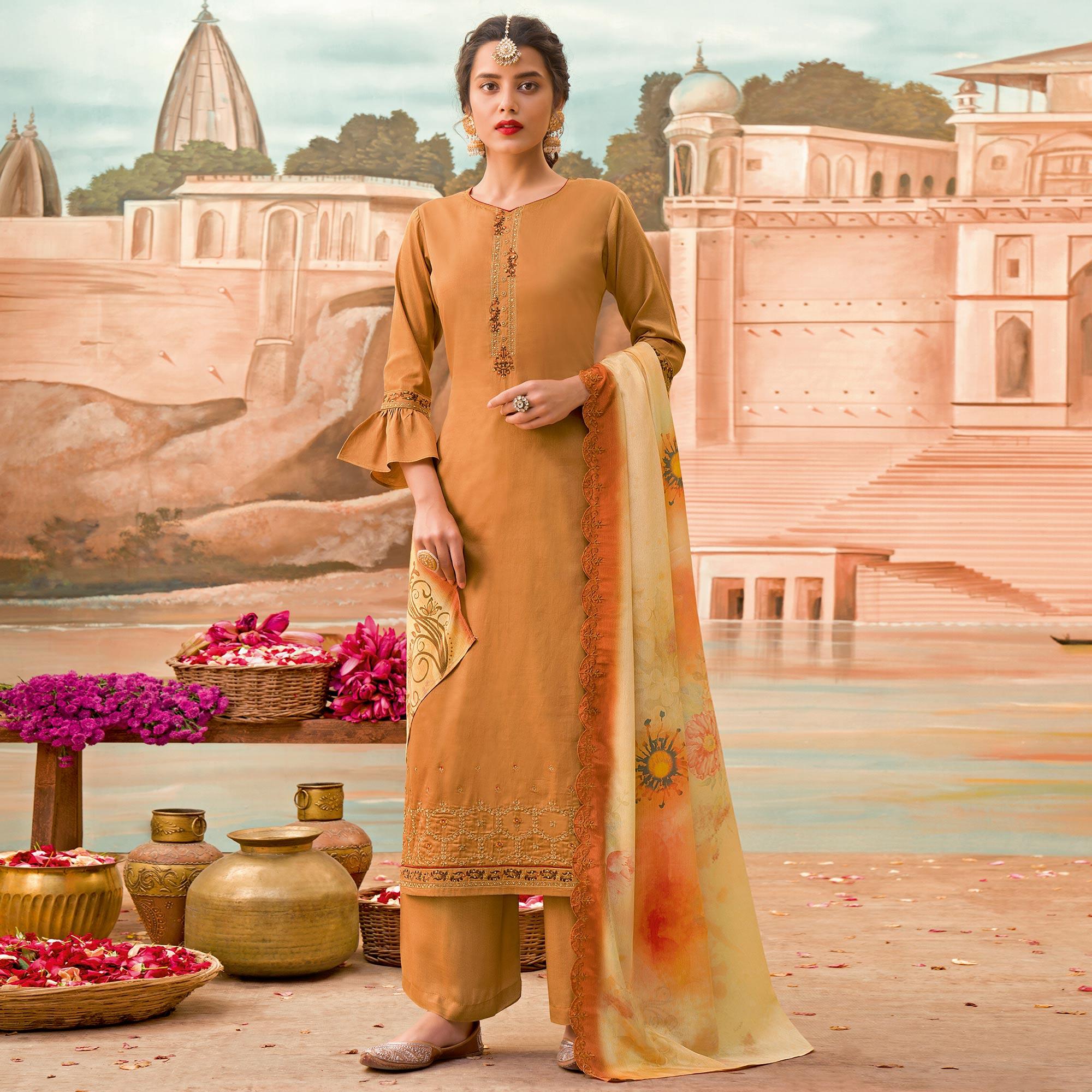 Prominent Orange Colored Partywear Embroidered Jam Silk Suit - Peachmode