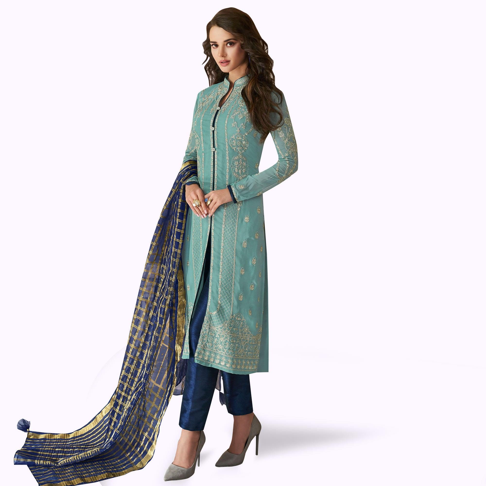 Prominent Pastel Blue Colored Partywear Embroidered Georgette Suit - Peachmode