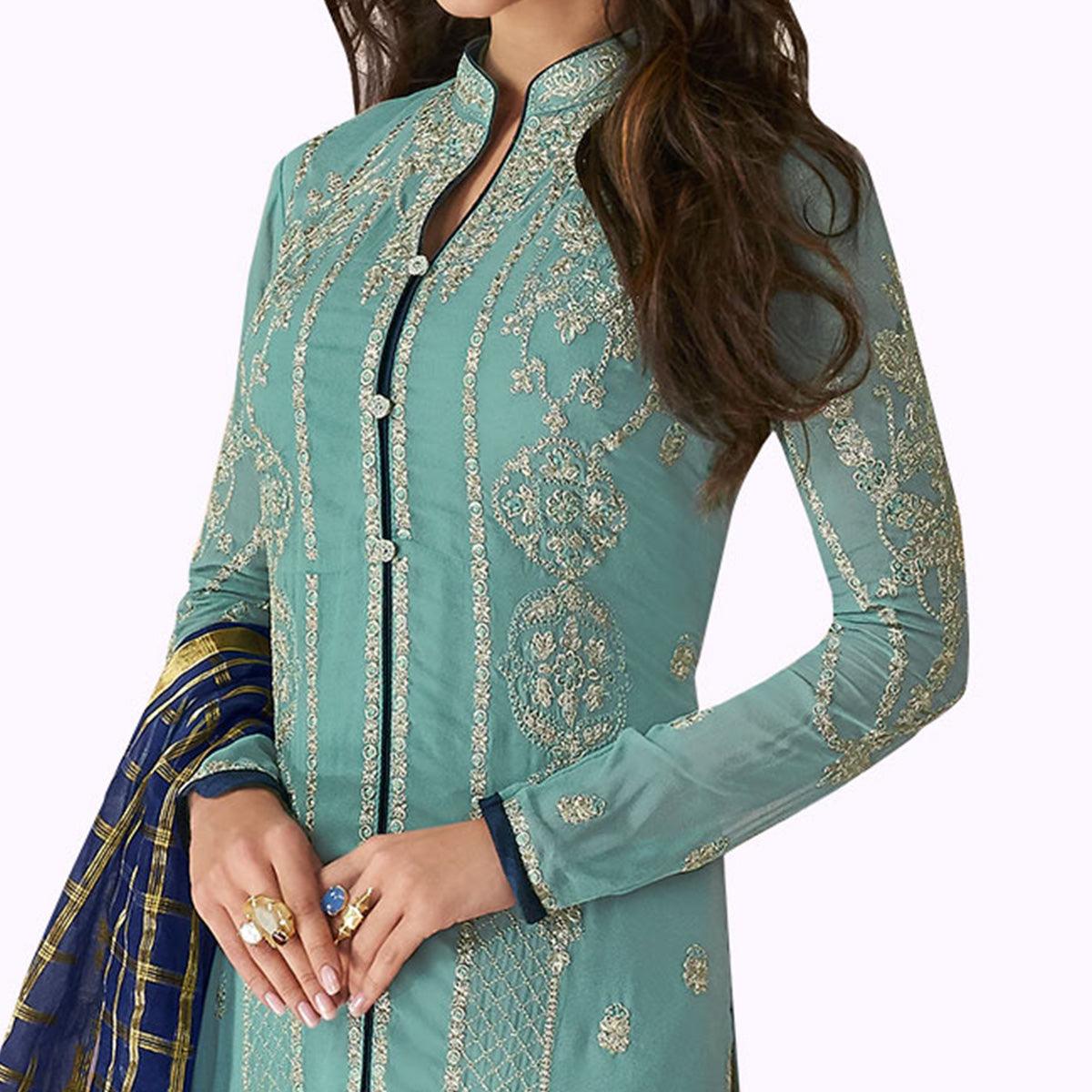 Prominent Pastel Blue Colored Partywear Embroidered Georgette Suit - Peachmode