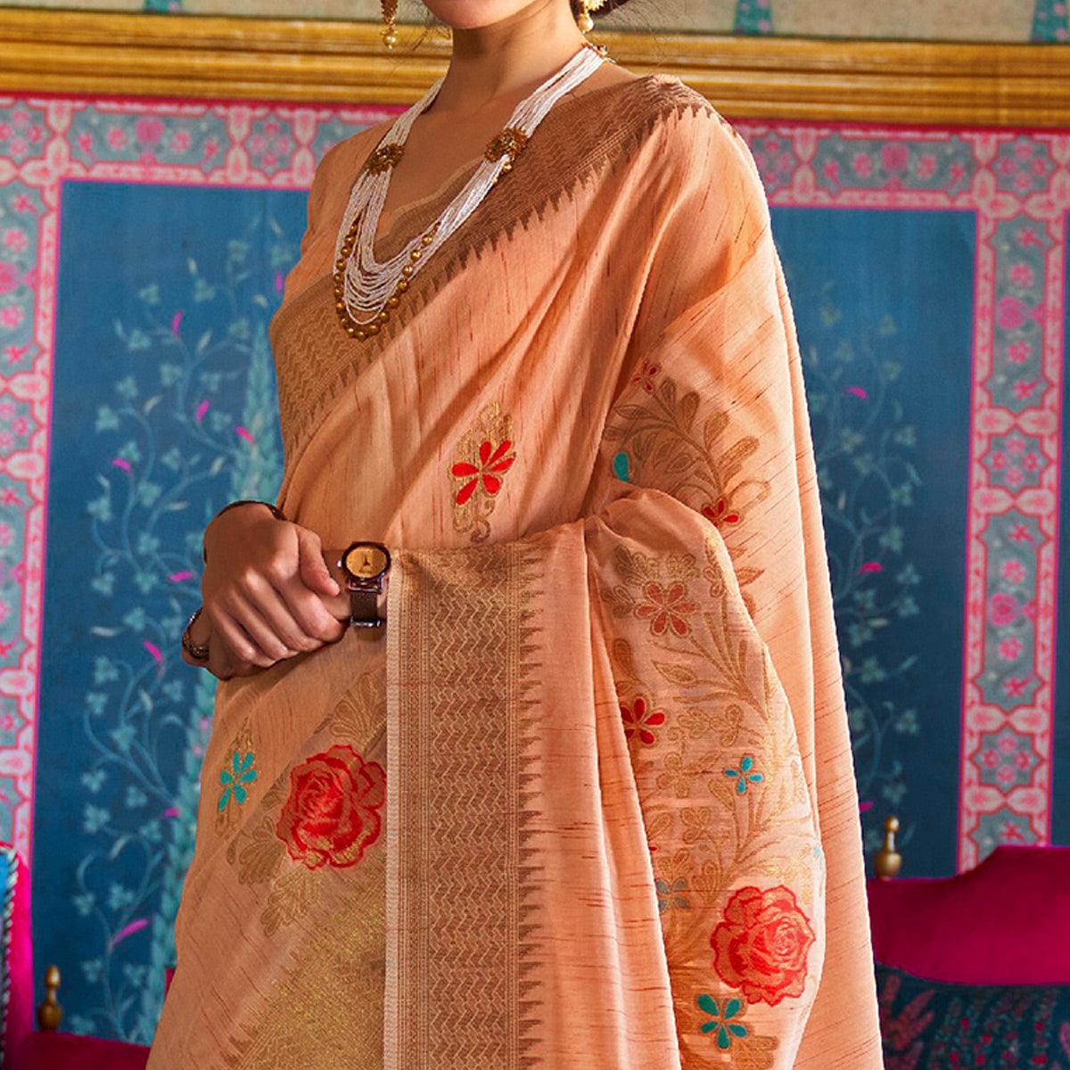 Prominent Peach Coloured Festive Wear Woven Multi Slub Soft Silk Saree - Peachmode