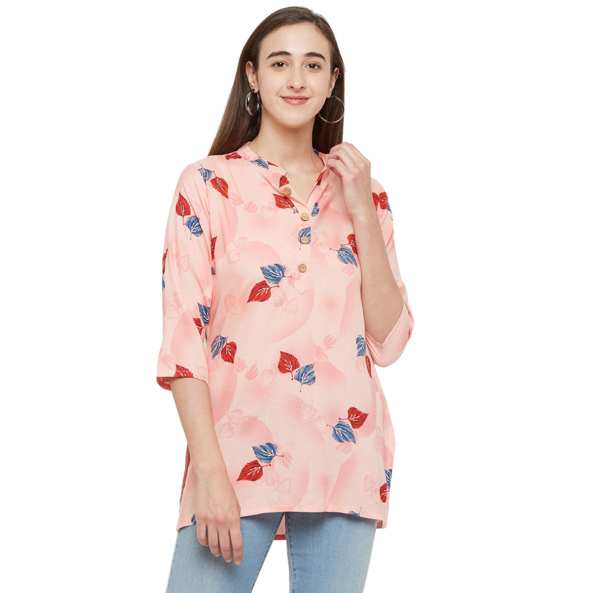 Prominent Pink Colored Casual Wear Printed Rayon Top - Peachmode