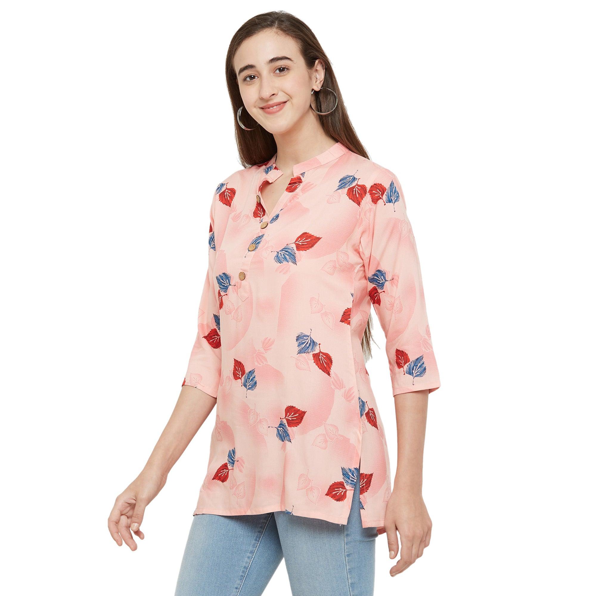 Prominent Pink Colored Casual Wear Printed Rayon Top - Peachmode