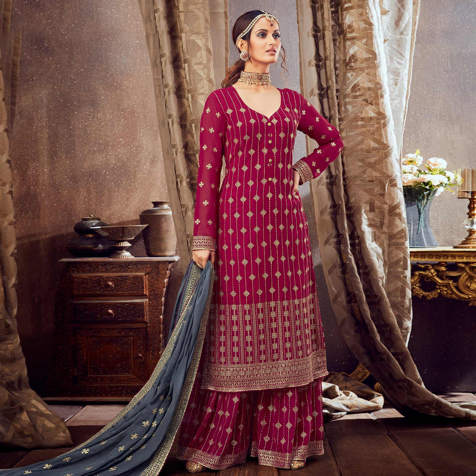 Prominent Pink Colored Partywear Embroidered Pure Georgette Palazzo Suit - Peachmode