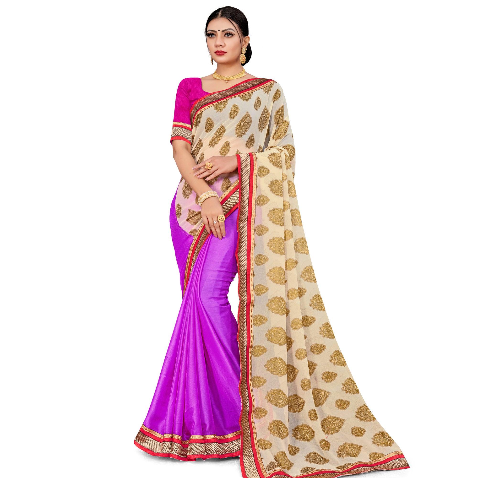 Prominent Pink-Cream Colored party Wear Georgette Half-Half Saree - Peachmode
