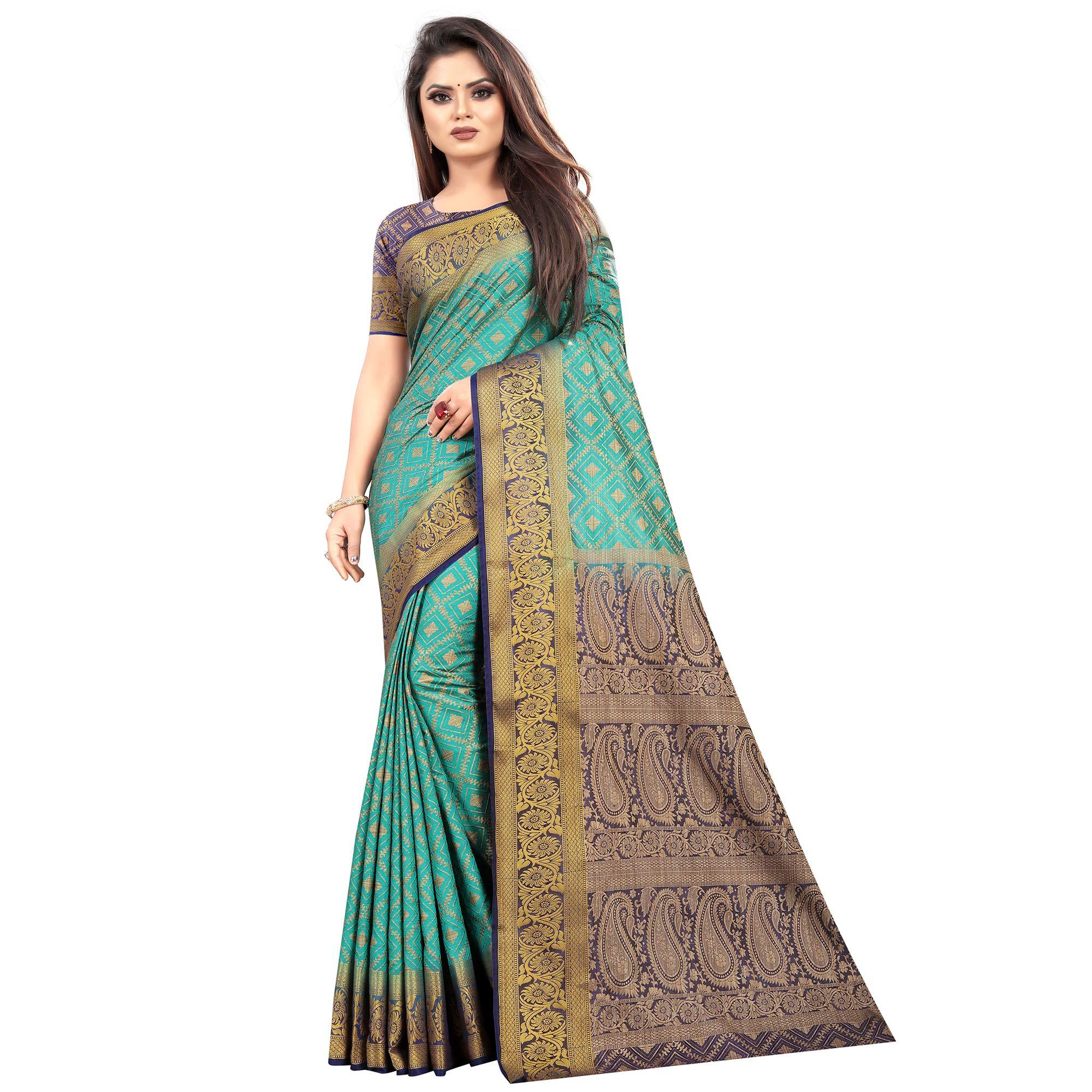 Prominent Rama Colored Festive Wear Woven Art Silk Saree - Peachmode