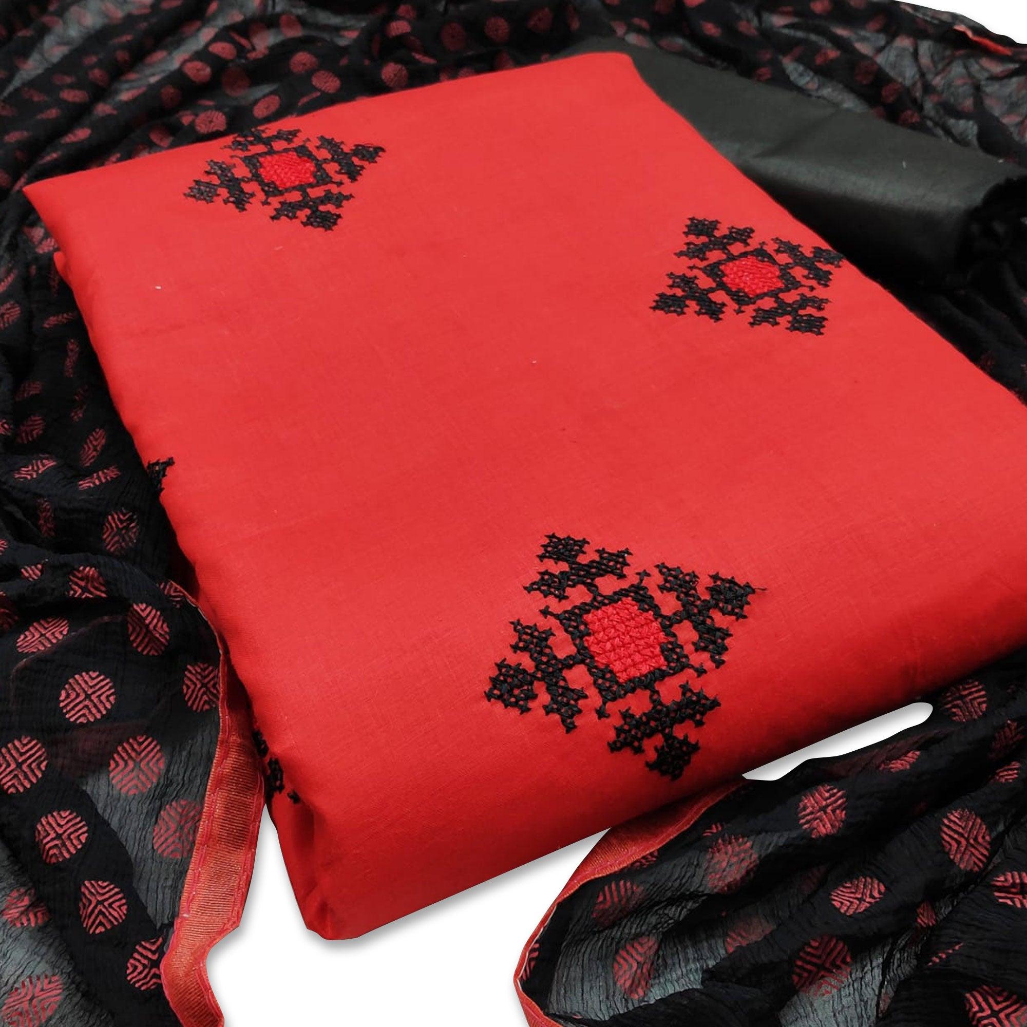 Prominent Red Colored Casual Wear Embroidered Cotton Dress Material - Peachmode