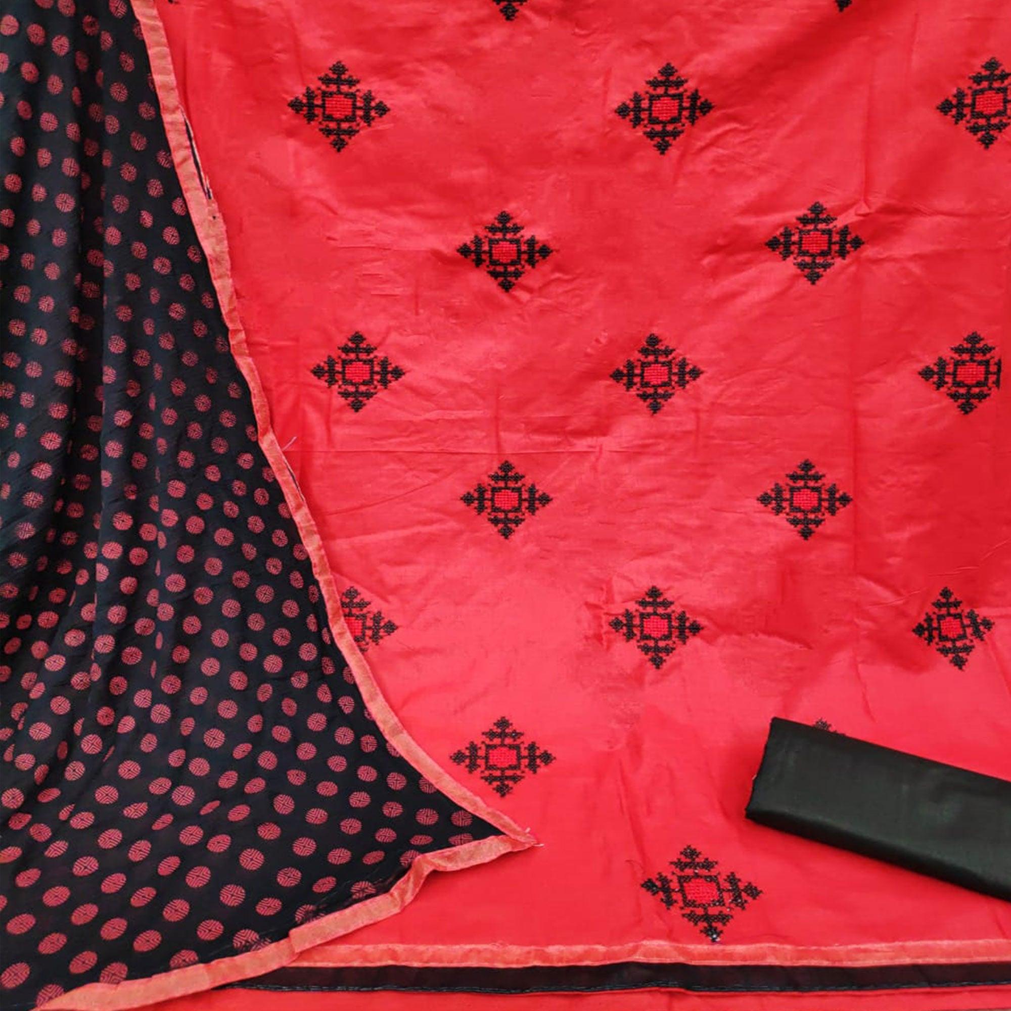 Prominent Red Colored Casual Wear Embroidered Cotton Dress Material - Peachmode