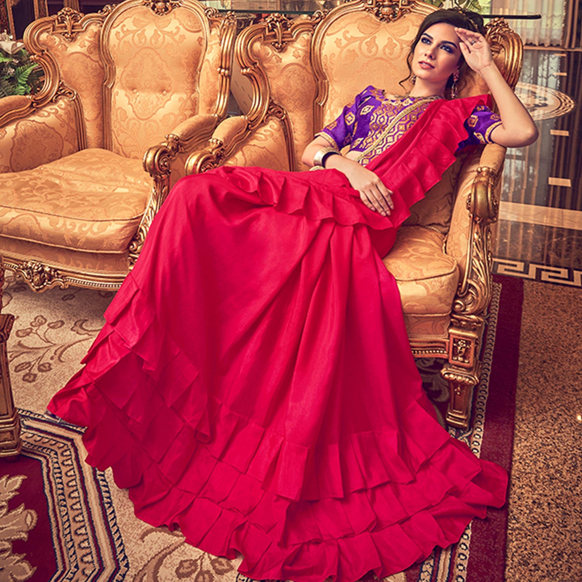 Prominent Red Colored Partywear Embroidered Georgette Saree - Peachmode