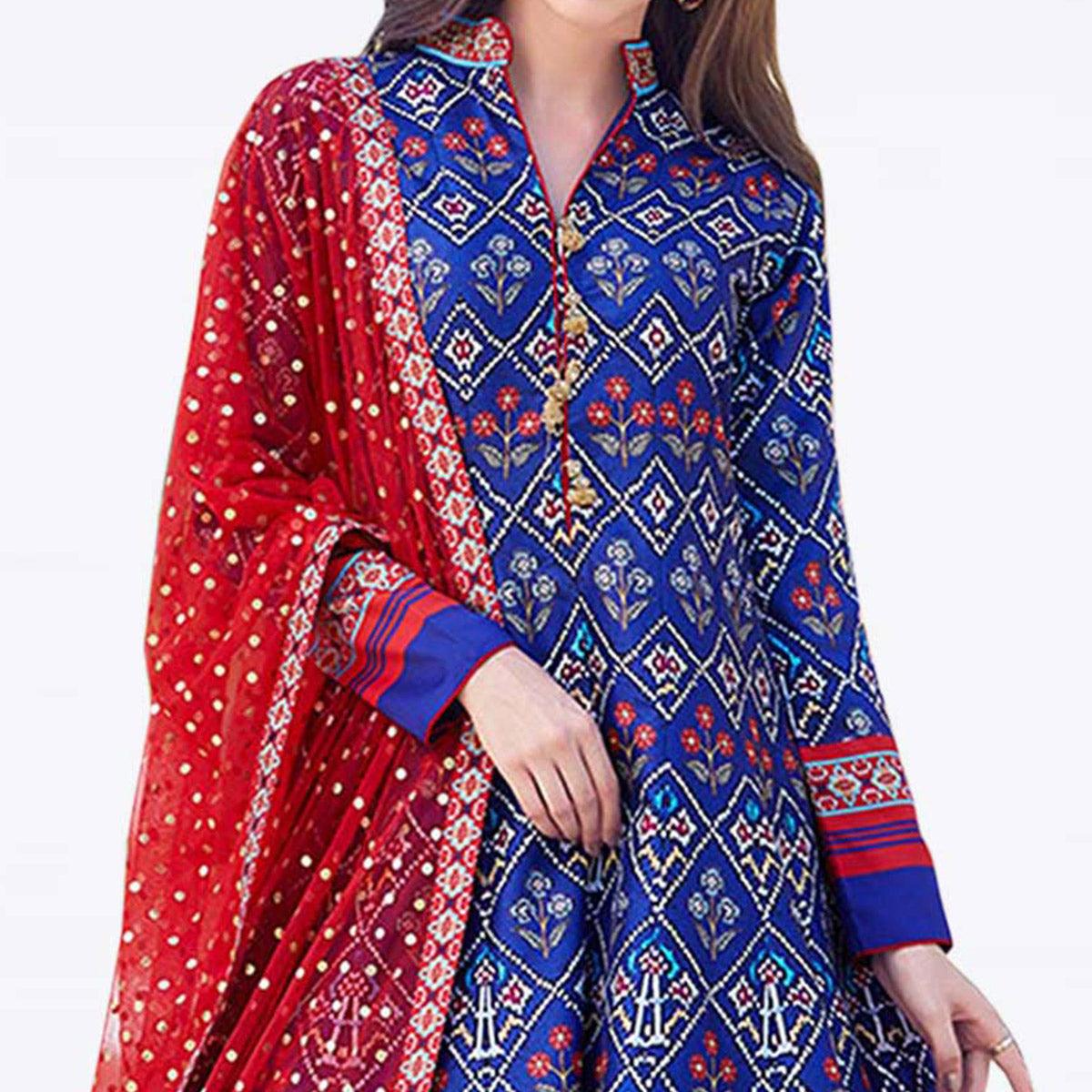 Prominent Royal Blue Colored Partywear Digital Printed Silk Gown - Peachmode