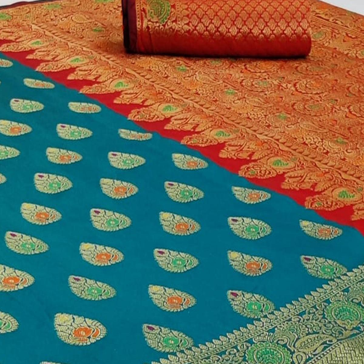 Prominent Turquoise Blue Colored Festive Wear Woven Silk Saree - Peachmode