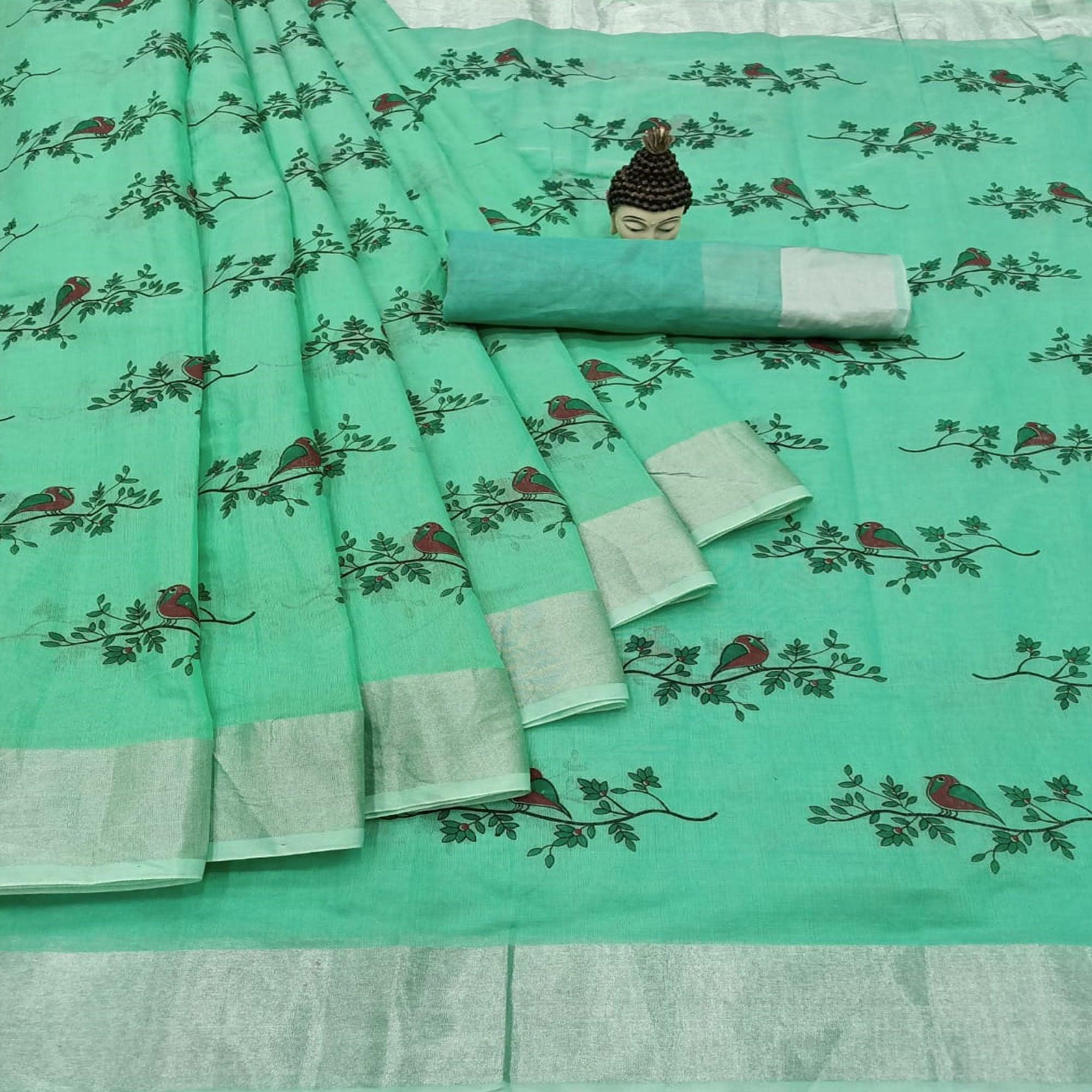 Prominent Turquoise Green Colored Casual Wear Printed Cotton Linen Saree - Peachmode