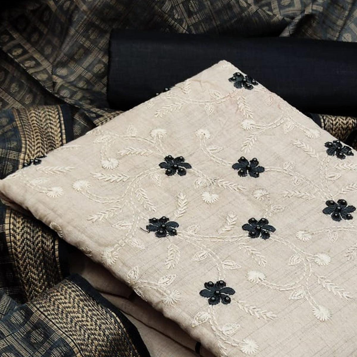 Prominent White - Grey Colored Casual Wear Embroidered Poly Cotton Dress Material - Peachmode