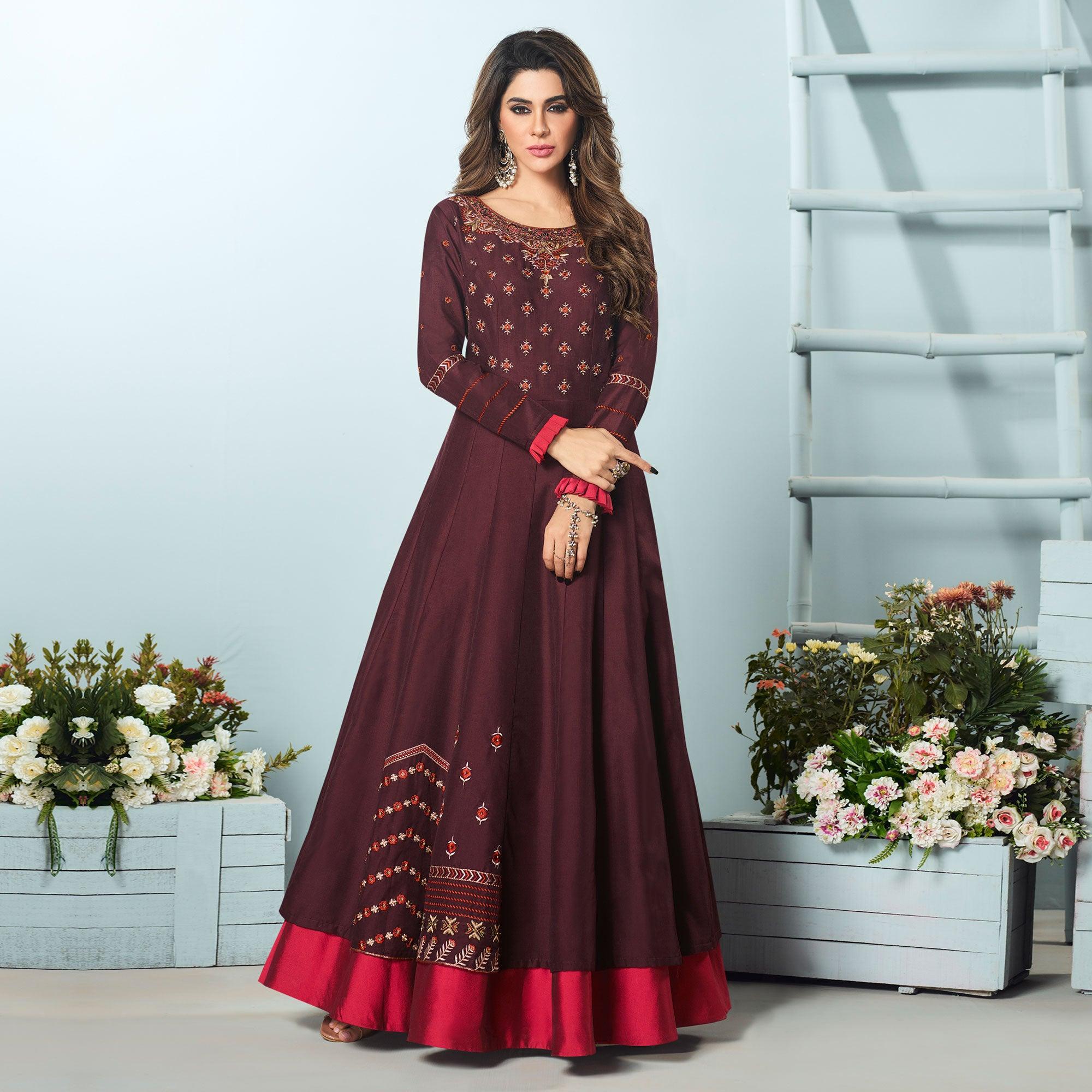 Prominent Wine Colored Party Wear Embroidered Muslin Cotton Silk Gown - Peachmode