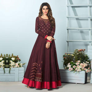 Prominent Wine Colored Party Wear Embroidered Muslin Cotton Silk Gown - Peachmode