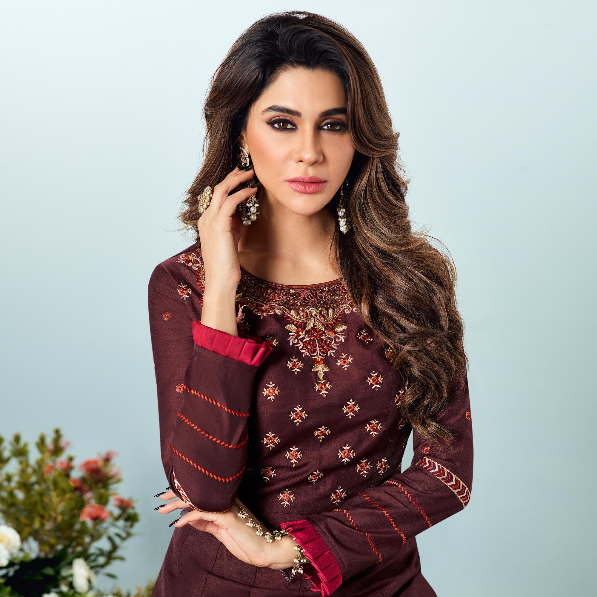 Prominent Wine Colored Party Wear Embroidered Muslin Cotton Silk Gown - Peachmode