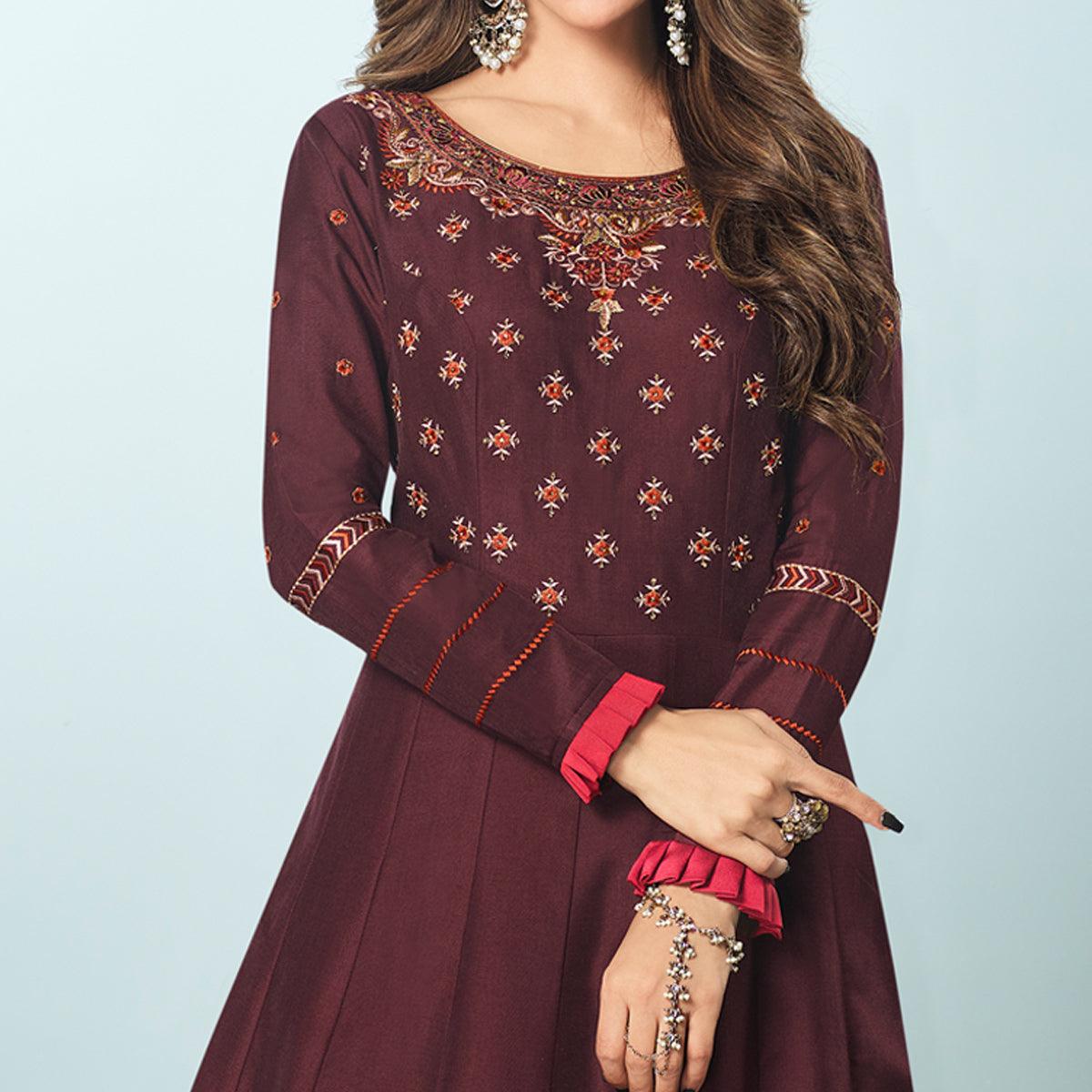 Prominent Wine Colored Party Wear Embroidered Muslin Cotton Silk Gown - Peachmode