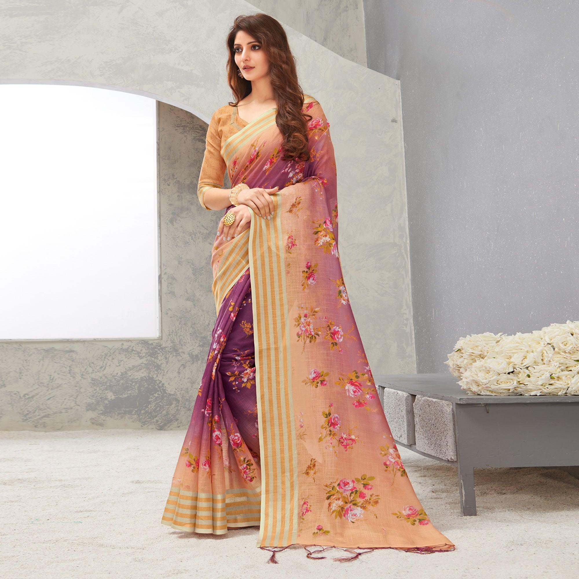 Purple & Peach Casual Wear Digital Printed Pure Linen Saree - Peachmode