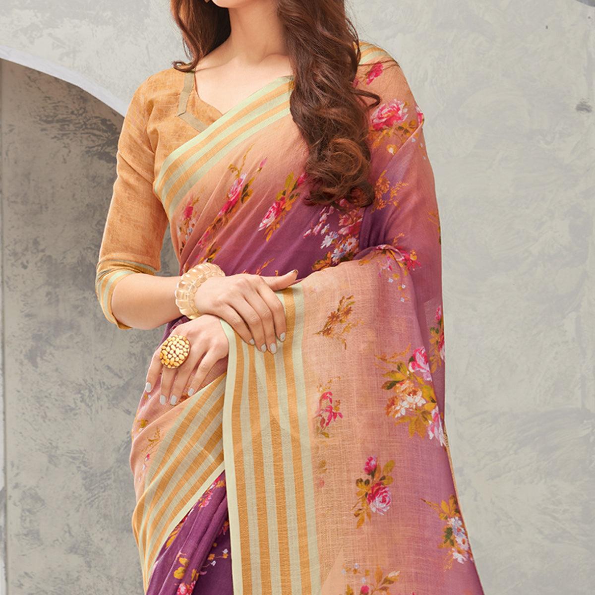 Purple & Peach Casual Wear Digital Printed Pure Linen Saree - Peachmode