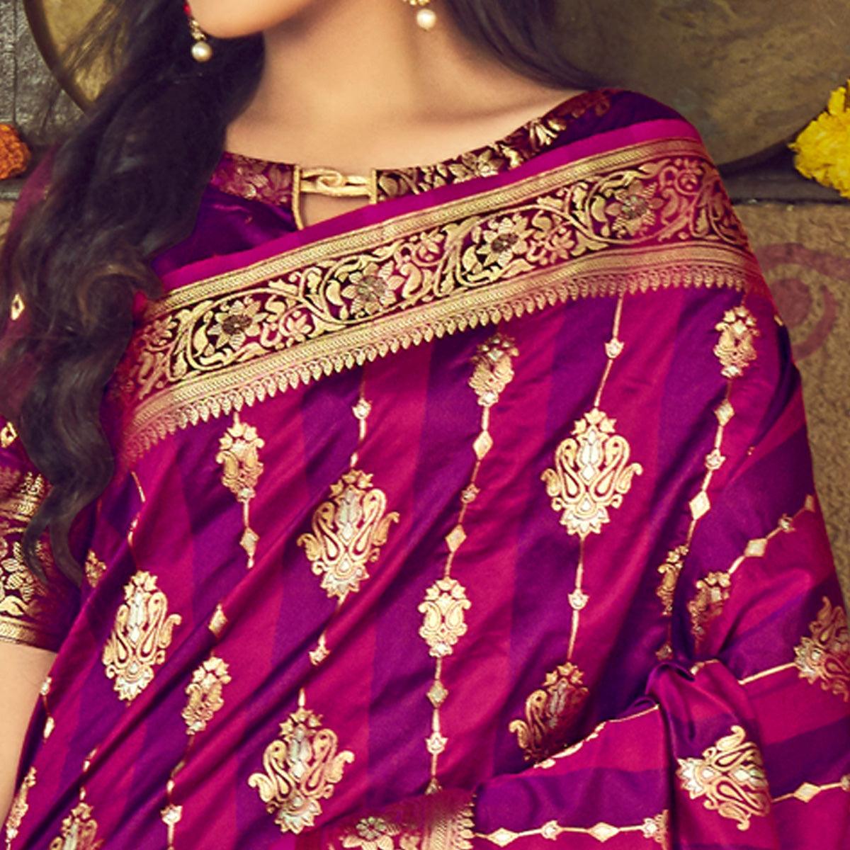 Purple & Pink Festive Wear Woven Handloom Silk Saree - Peachmode