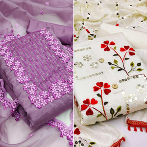 Purple And White Dress Material Pack Of 2 - Peachmode