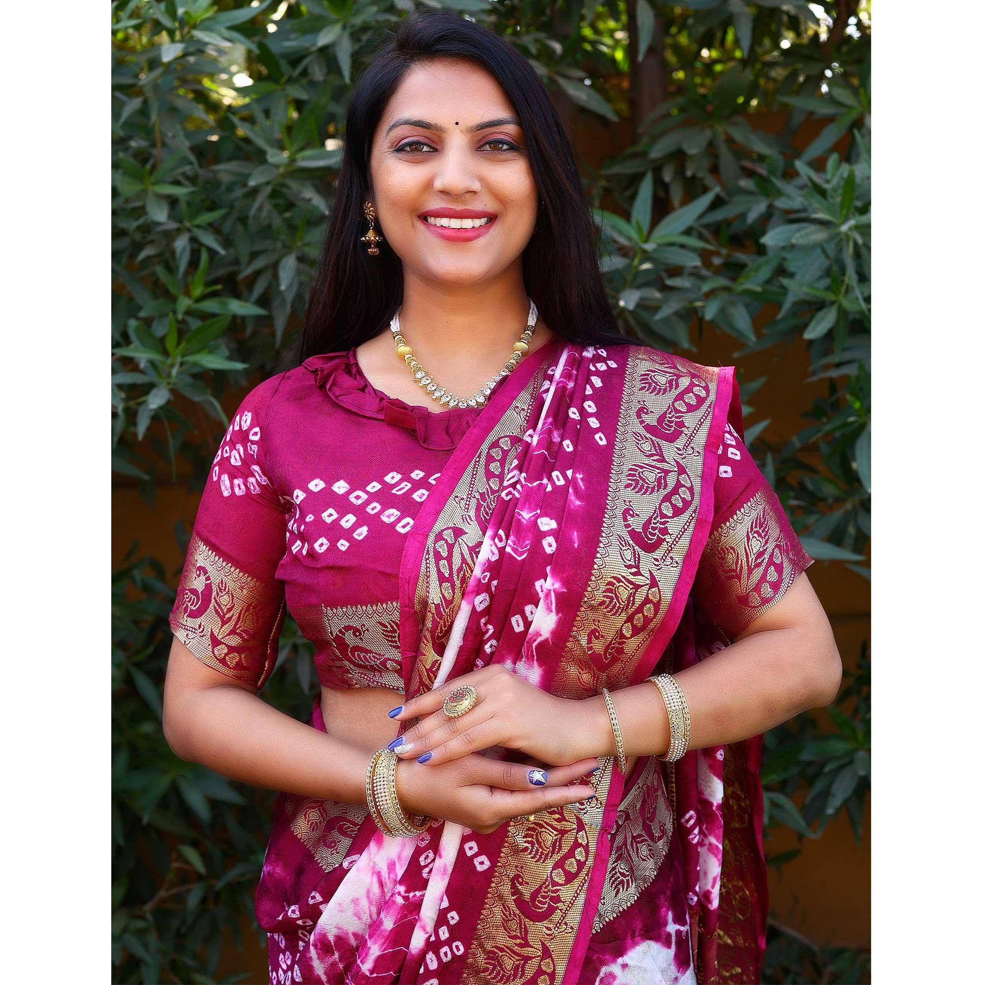Purple Bandhani Printed Art Silk Saree - Peachmode
