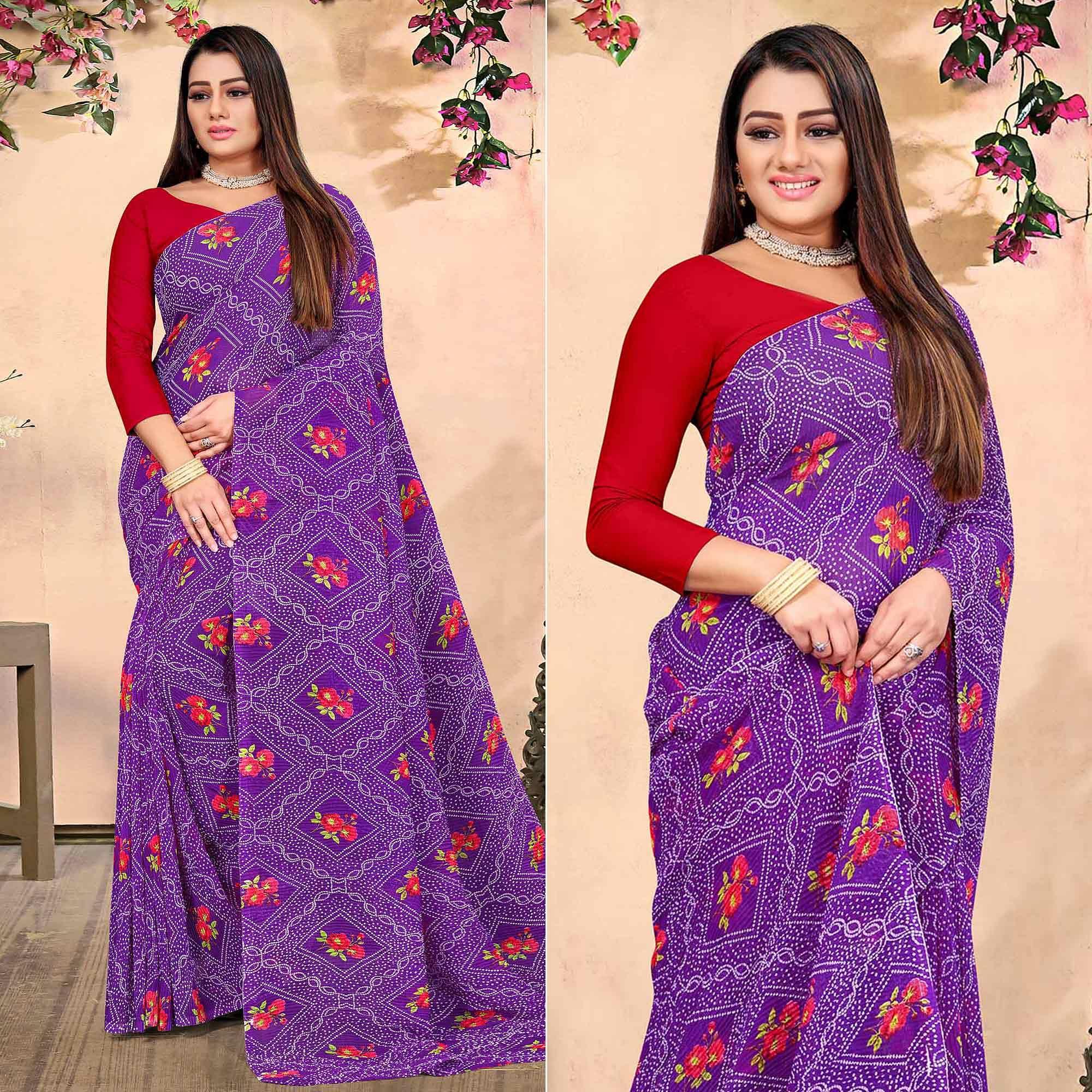 Purple Bandhani Printed Georgette Saree - Peachmode