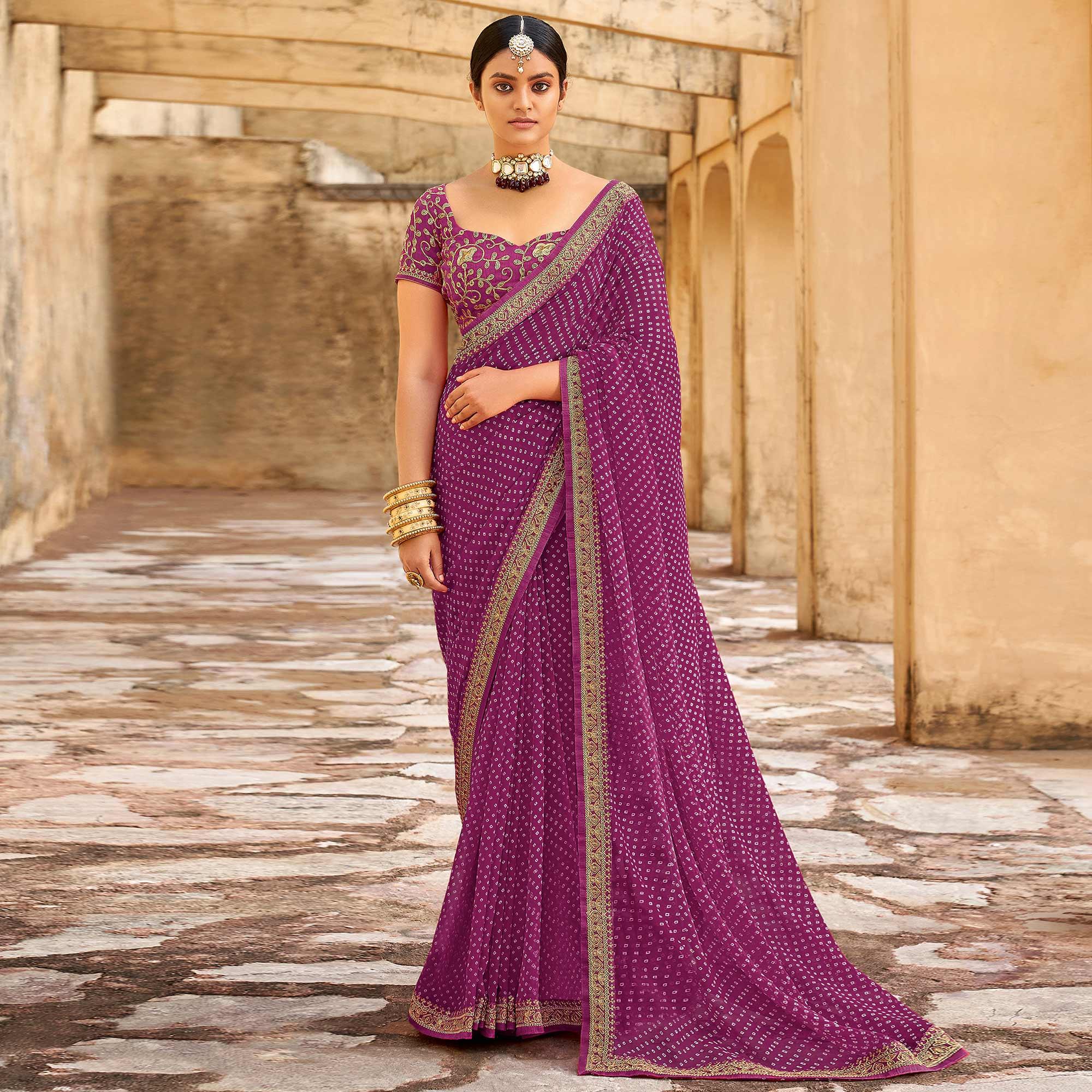 Purple Bandhani Printed Georgette Saree - Peachmode